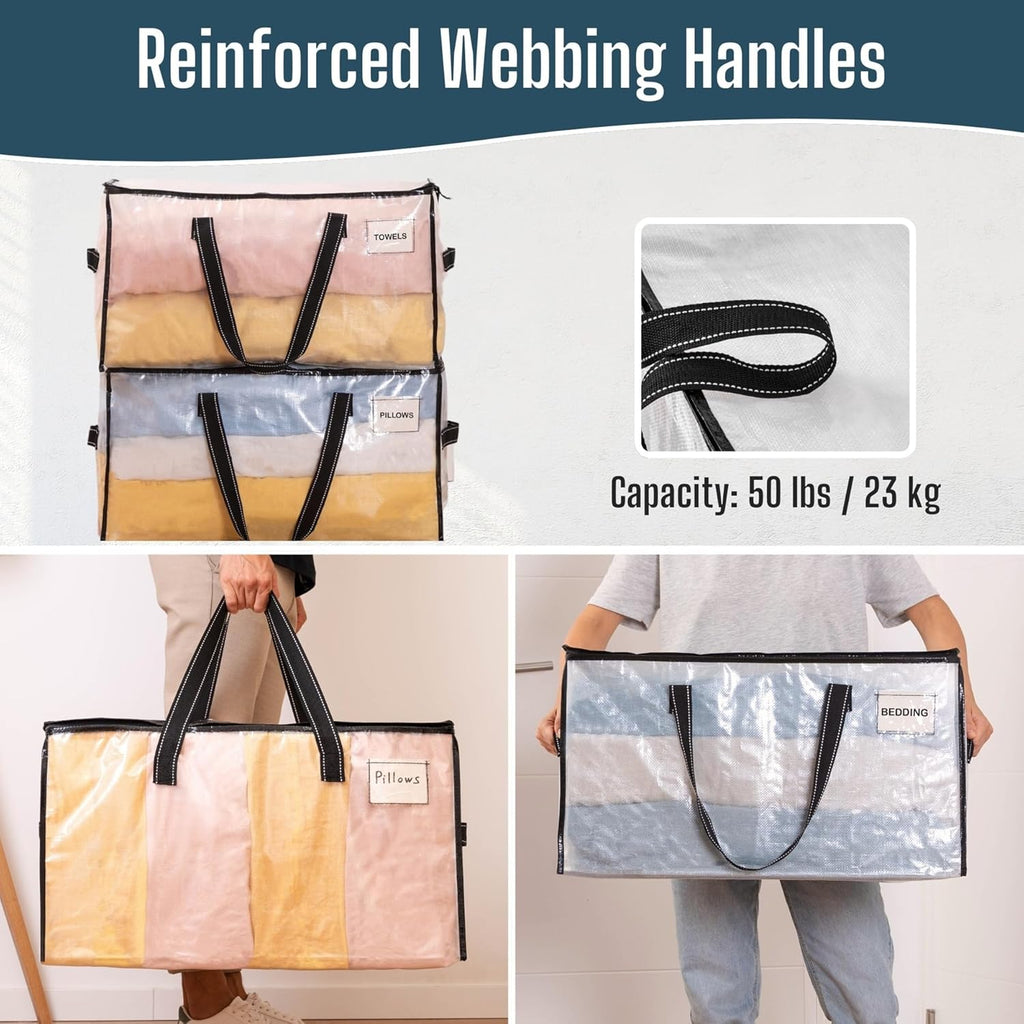 VENO Heavy Duty Moving Bags - Clear Storage Solution for Clothes & Comforters | 4 Pack, Foldable Design