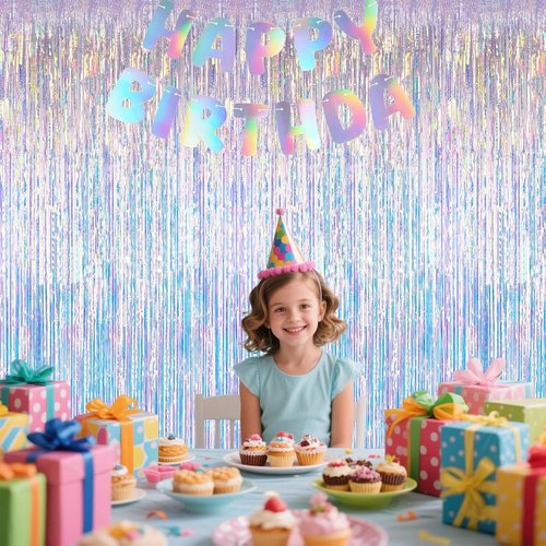 Iridescent Party Decorations - Holographic Foil Fringe Backdrop Tinsel Curtains | 3.28x6.56ft, 2 Packs