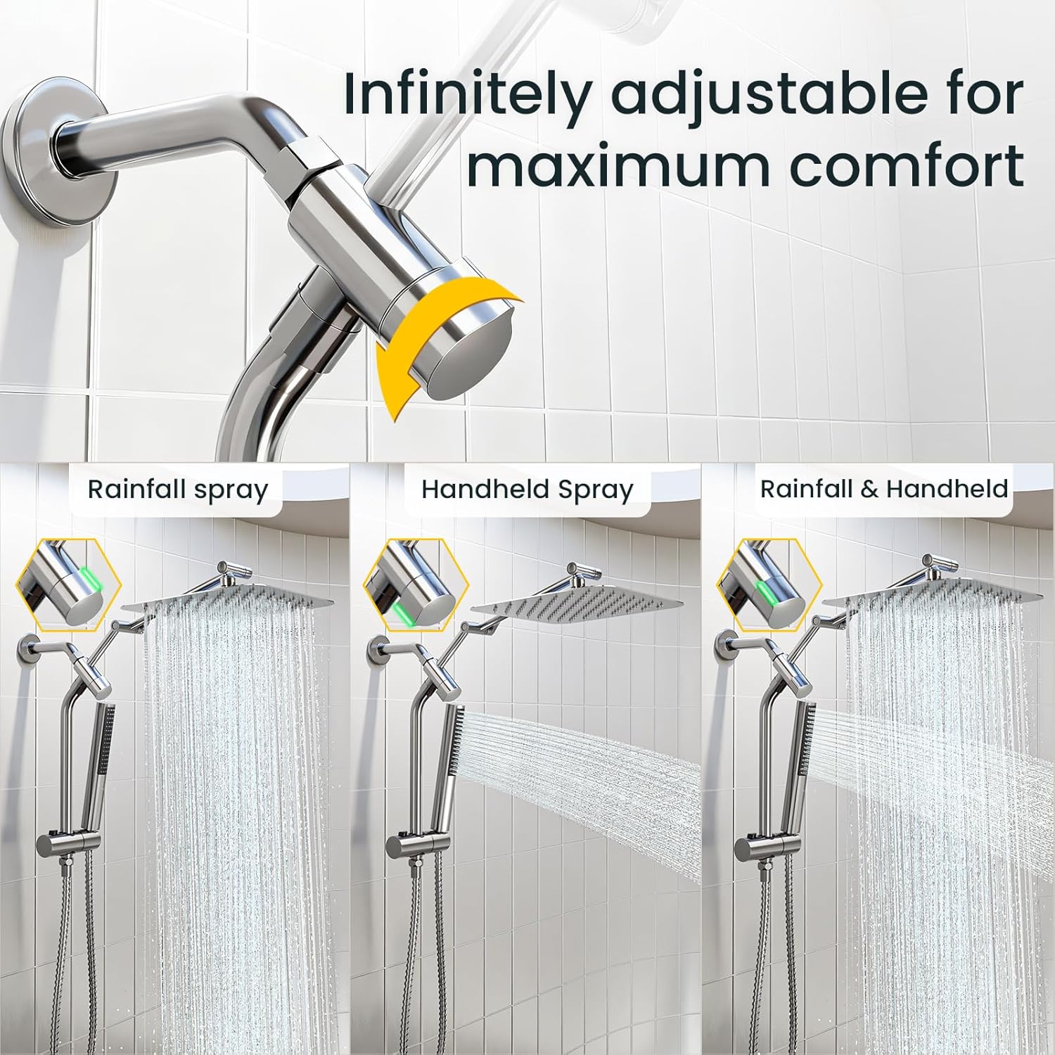 Veken 10" Luxurious Rain Shower Head - High Pressure Dual Showerhead with Handheld & Extension Arm | Chrome Finish