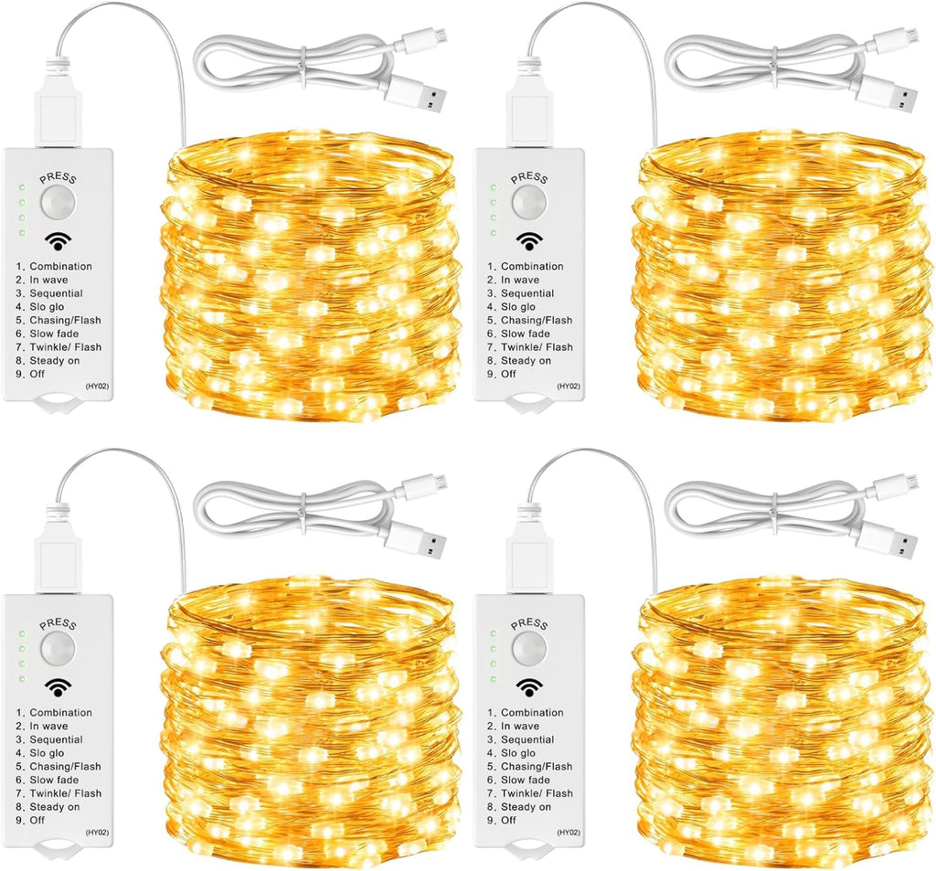 Skiennix 4 Pack Rechargeable Fairy Lights - 16FT 50 LED Indoor String Lights | 8 Modes & DIY Timer, Warm White