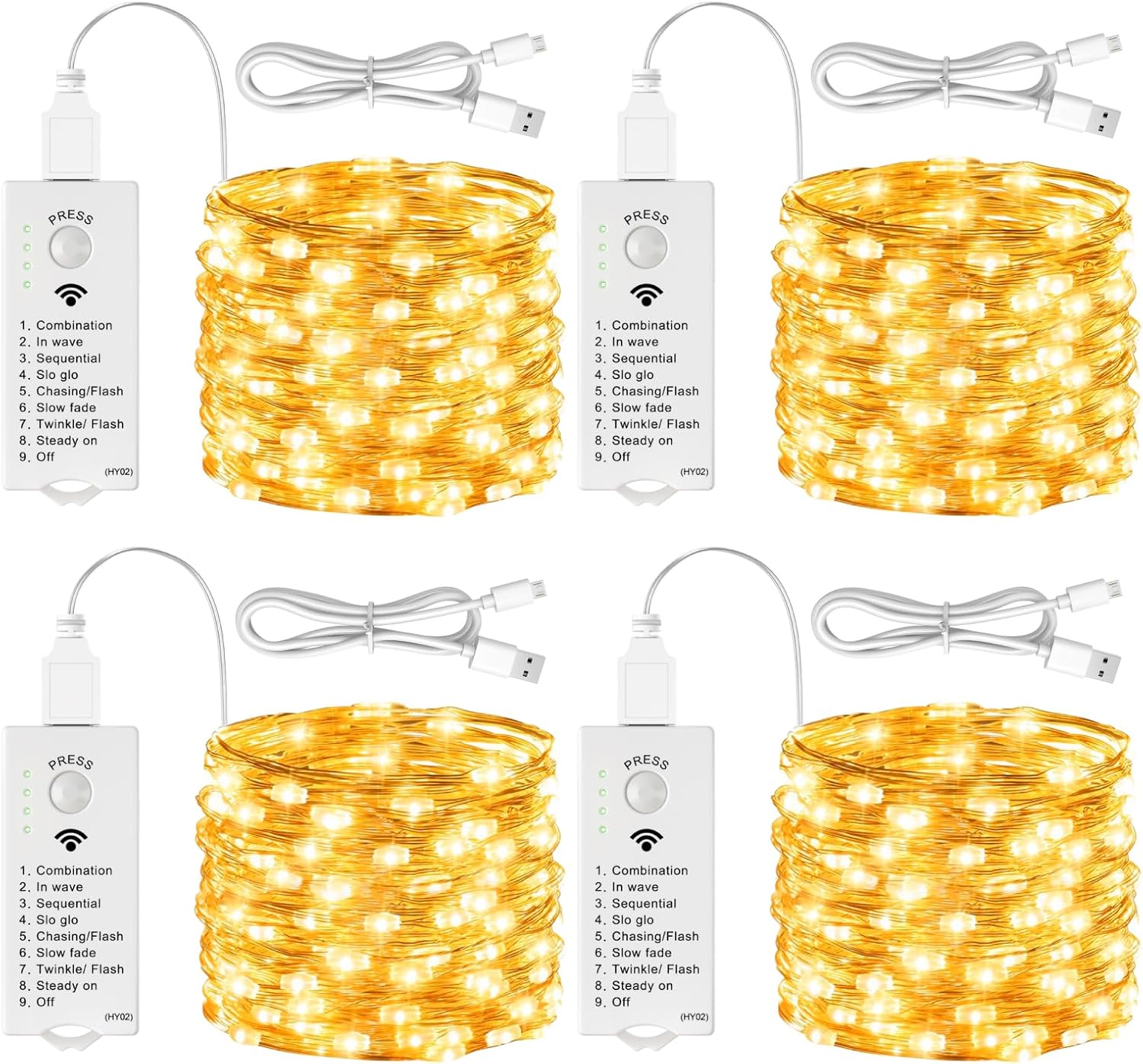 Skiennix 4 Pack Rechargeable Fairy Lights - 16FT 50 LED Indoor String Lights | 8 Modes & DIY Timer, Warm White