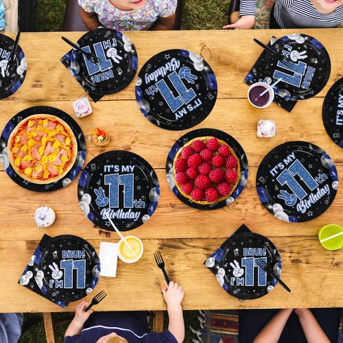 Greencian 96 Pcs 11th Birthday Decorations for Boys Blue and Black Plates and Napkins Disposable Glitter It's My 11th Birthday Party Supplies for Boys Kids Teenager 11 Years Old Party Decor，Serves 24