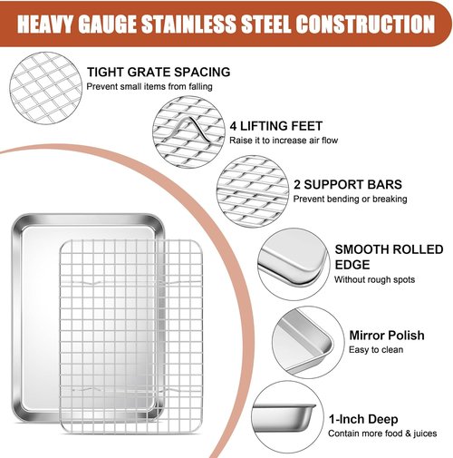 E-far Stainless Steel Baking Sheet Set - 10.5” x 8.3” Cookie Sheet with Cooling Rack | Non-Toxic & Dishwasher Safe
