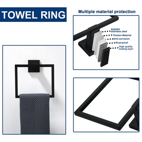 5 Pieces Bathroom Hardware Accessories Set Matte Black, 16Inch Square Towel Racks Set for Bathroom, SUS304 Stainless Steel Towel Bar Set, Bath Accessories Sets Wall Mounted