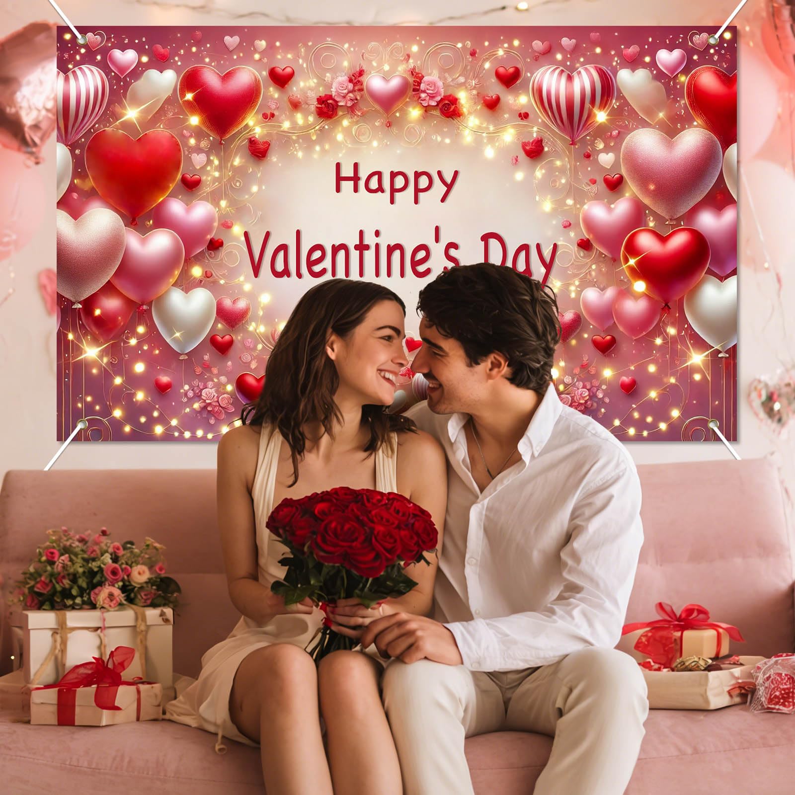 BlissYard Valentine’s Day Banner 71x43 Inches Happy Valentine Backdrop Love Heart Balloon Background Romantic Party Decoration for Valentine Celebration Anniversary Proposal Photo Booth Decor