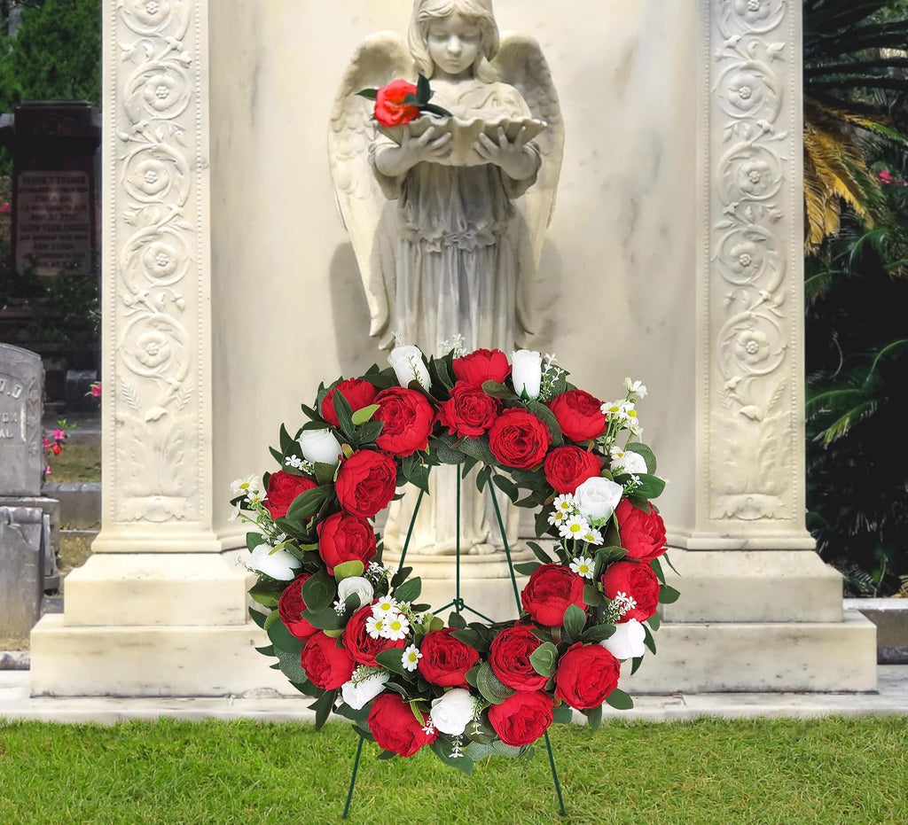 Memorial Day Cemetery Wreaths - Red Peony & White Rose Artificial Flower Arrangement on Metal Stand