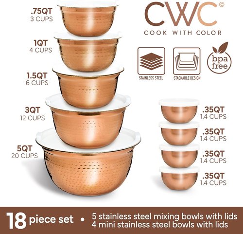 Cook With Color 18-Piece Mixing Bowls Set - Handcrafted Stainless Steel with Airtight Lids | Copper Hammered Finish