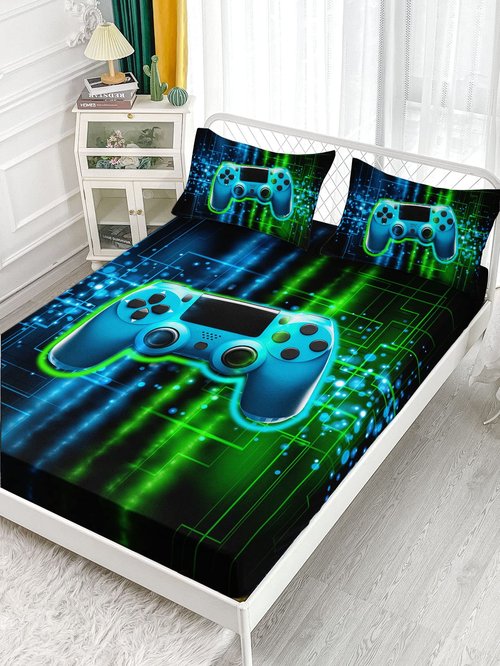 Datura home Video Gamer Sheet Set 4Pcs Kids Green Black Gamepad Modern Gamer Gaming Printed Sheet Set with 1 Flat Sheet and 1 Fitted Sheet + 2 Pillowcases for Boys(Gamepad Queen)