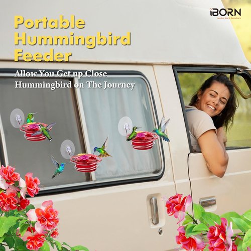 iBorn Mini Hummingbird Feeder - 3OZ Outdoor Feeder with Strong Suction Cup & Stainless Steel Base | 3 Feeding Ports