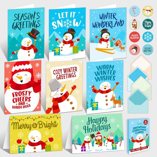 Decorably 16 Pack Christmas Cards - 5x7in Snowman Designs with Envelopes & Stickers for Holiday Greetings