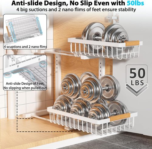 Liuoud Under Sink Organizer - 2 Pack Adjustable 2-Tier Storage Solution for Kitchen & Bathroom Cabinets - White