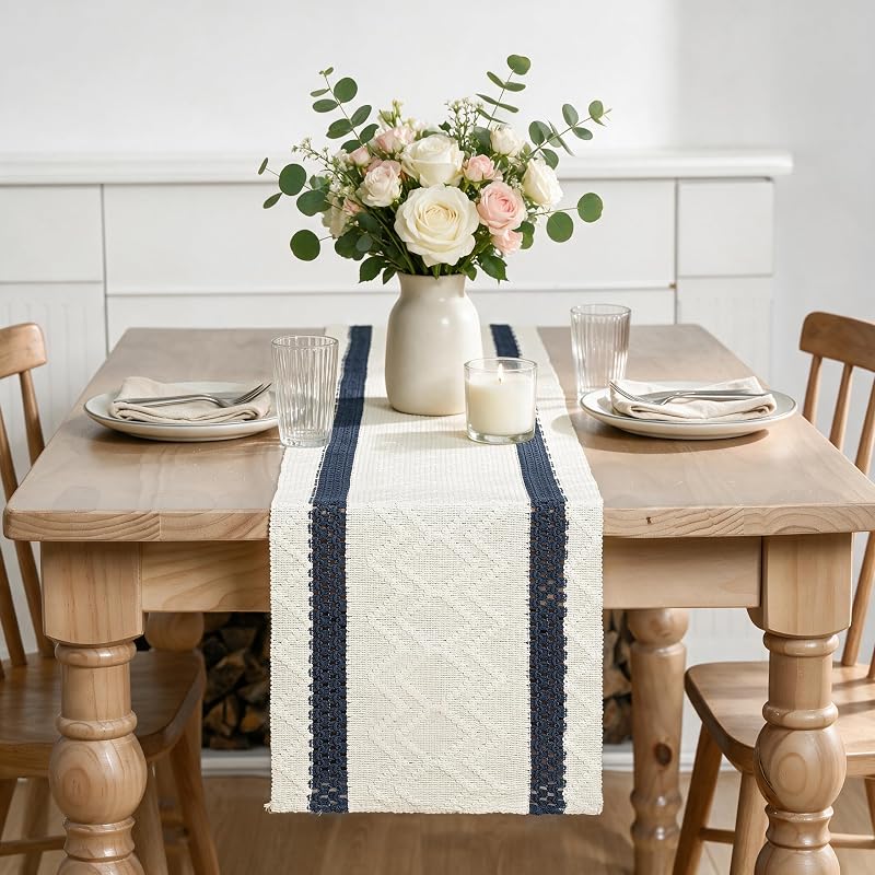 Artoid Mode Dark Blue Stripe Woven Rustic Table Runner 12x60 Inches - Variation: Dark Blue+12x60