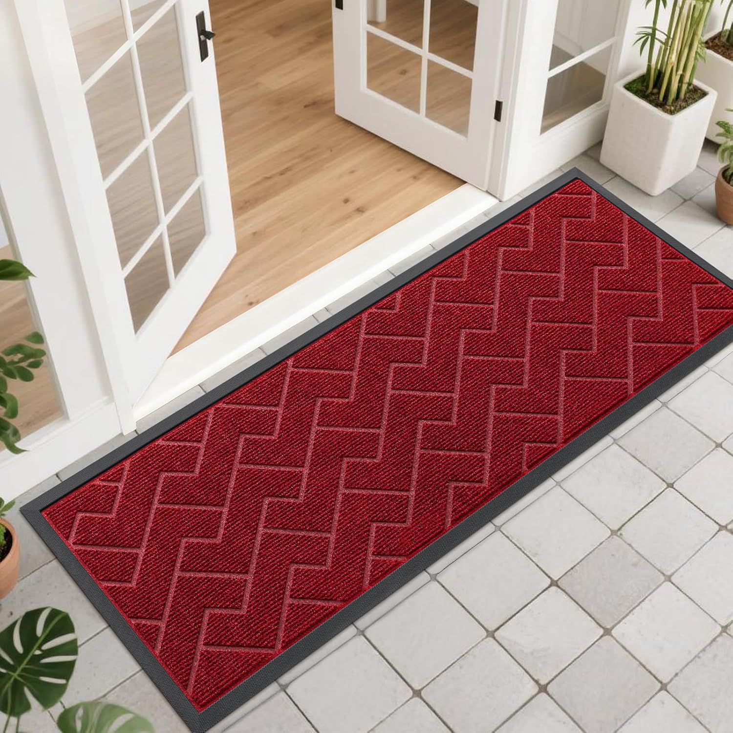OLANLY Waterproof All-Season Front Door Mat - Sturdy Natural Rubber, Easy Clean Herringbone Design (Wine Red, 47x17)