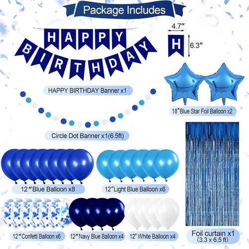 Blue Birthday Party Decorations - Skiennix Happy Birthday Banner & Balloons | Navy & Light Blue Pom Poms