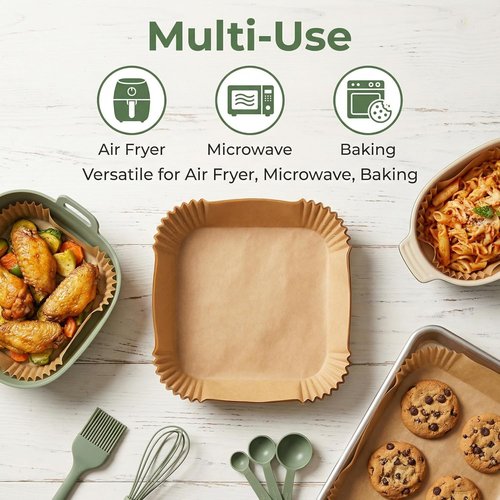 Air Fryer Paper Liners | 100PCS Natural Parchment Paper - Oil-Proof & Food Grade, 6.3 Inch Square