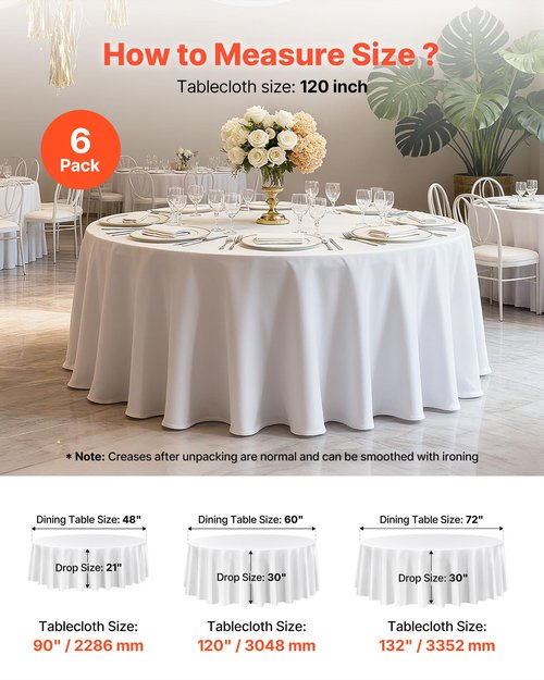 VEVOR White Round Tablecloths 6 Pack, 120 Inches in Diameter, Stain- & Wrinkle- Resistant, Machine Washable Table Clothes, Polyester Fabric Table Covers for Wedding, Party, Banquet, Formal Events
