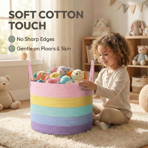 JMvicyroam 65L Extra Large Blanket Basket - Woven Cotton Rope Laundry Hamper with Reinforced Handles | Machine Washable Rainbow Storage Bin for Pillows, Comforters & Toys