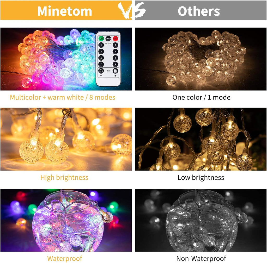 Minetom Crystal Globe String Lights - 33 Ft 100 LED Waterproof Fairy Lights with Remote & Timer | Warm White Decor