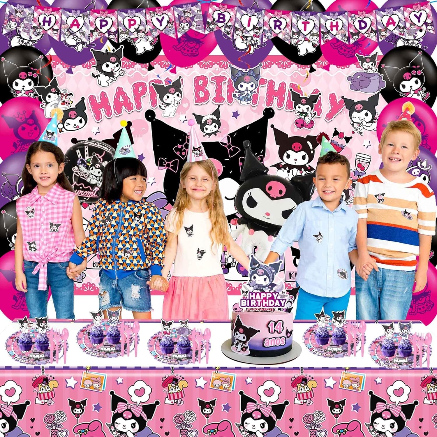 121Pieces Kuromi Birthday Party Decorations, Kids Cute Cartoon Party Supplies Include Happy Birthday Banner, Balloons, Tablecloth, Plates, Cupcake Toppers for Girls,Backdrop,