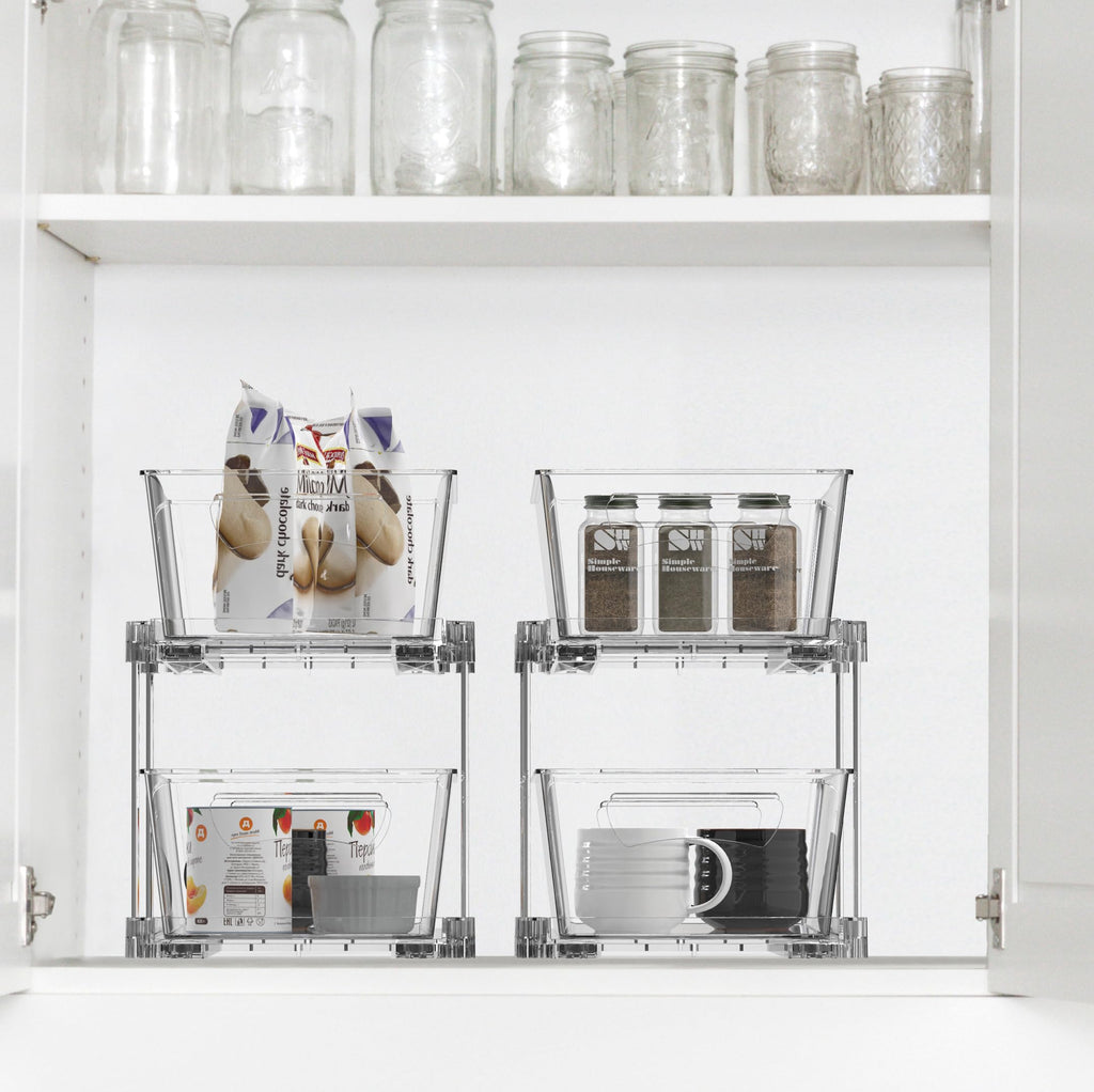 Simple Houseware 2 Tier Basket Drawer Cabinet Pull-Out Organizer, 2 Pack, Clear