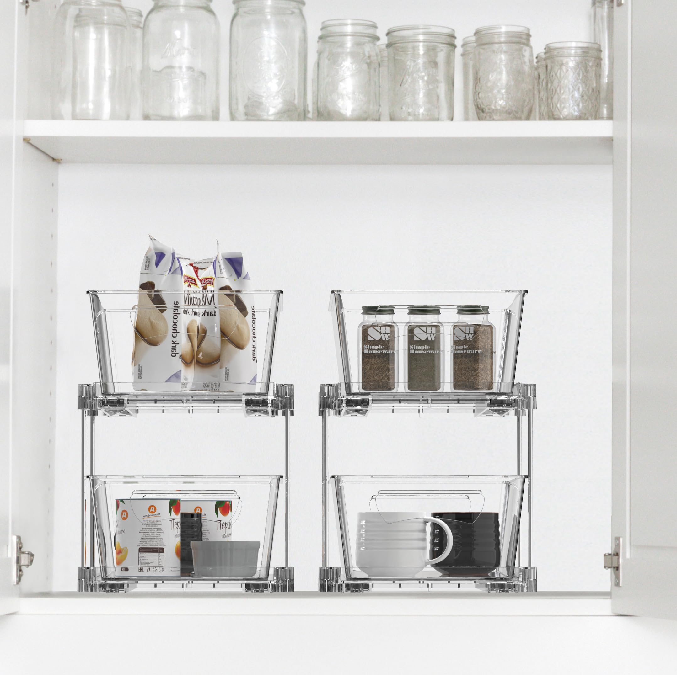 Simple Houseware 2 Tier Basket Drawer Cabinet Pull-Out Organizer, 2 Pack, Clear