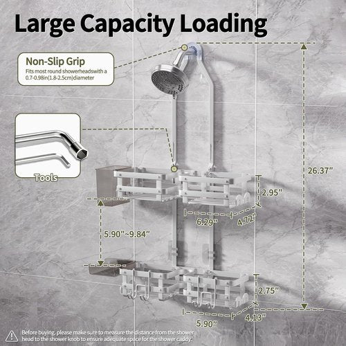GAOKASE Aluminum Shower Caddy - Rustproof Hanging Organizer with 4 Levels & 10 Hooks - Silver