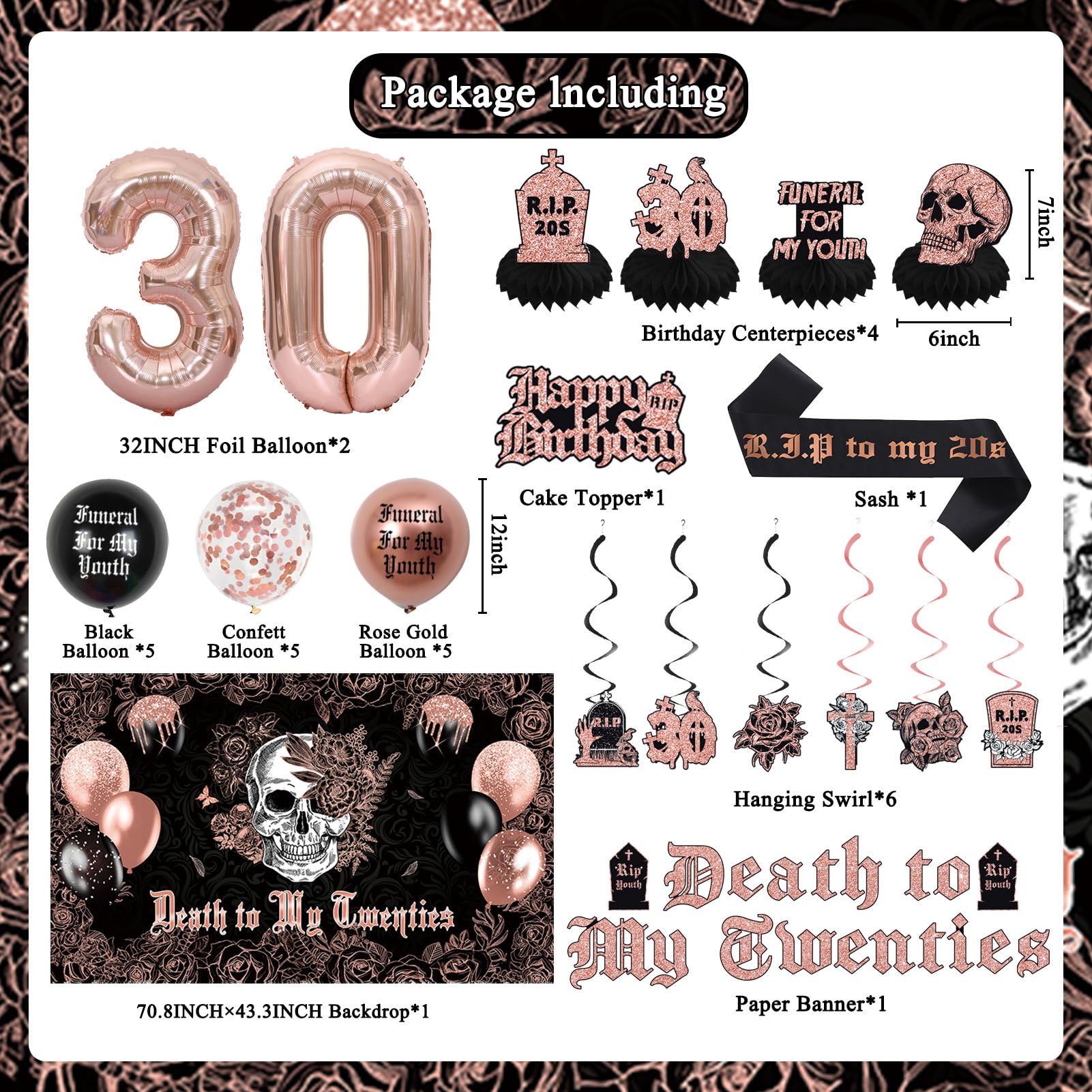 Crenics Rose Gold and Black Death to My 20s Decorations - Death to My Twenties Backdrop, Banner, Honeycomb, Sash, Hanging Swirls, Cake Topper and Balloons for 30th Birthday Party Decorations for Her