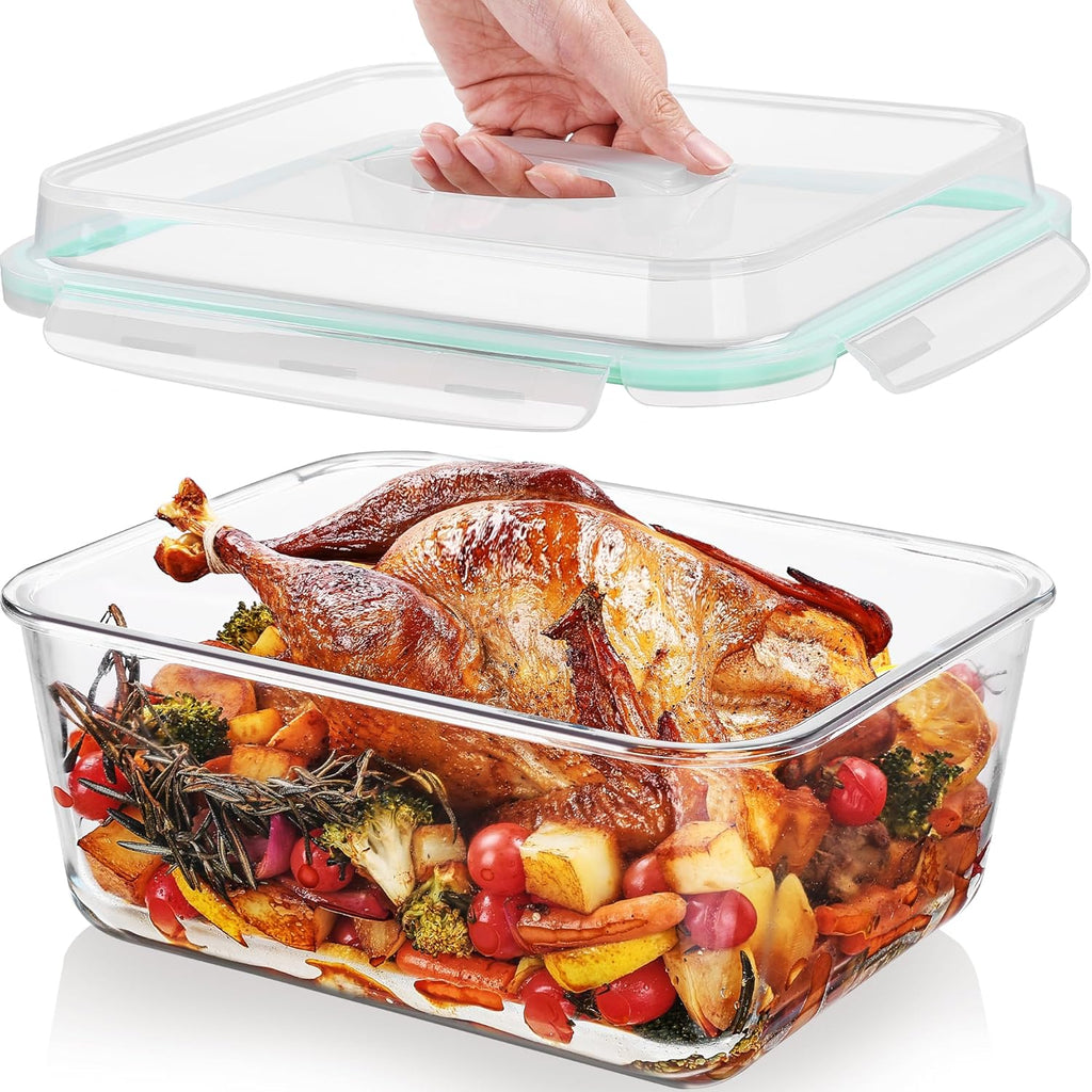 Vtopmart Extra Large Glass Food Storage Containers - 6.5L BPA Free with Airtight Snap Lids | Perfect for Roasting Turkey, Baking Casseroles, and Storing Fruits