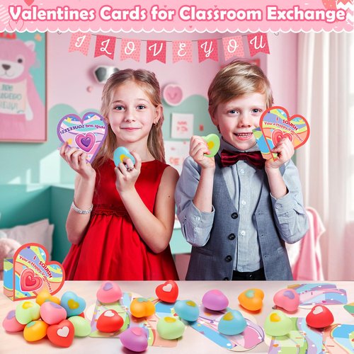 24 Pack Valentines Day Cards with Heart Squeeze Stress Balls for Kids School, Classroom Valentines Day Gifts for Kids, Valentines Party Favors Exchange Gift for Boys Girls