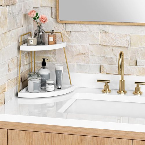 Forbena Bathroom Counter Organizer - 2-Tier Corner Shelf for Makeup & Skincare Storage | White & Gold