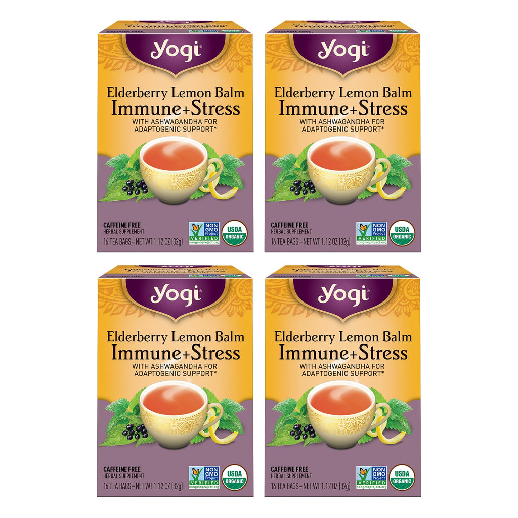 Yogi Tea Elderberry Lemon Stress & Immune Support Tea - 16 Tea Bags, 4 Packs - With Ashwagandha, Lemongrass, Licorice Root & More