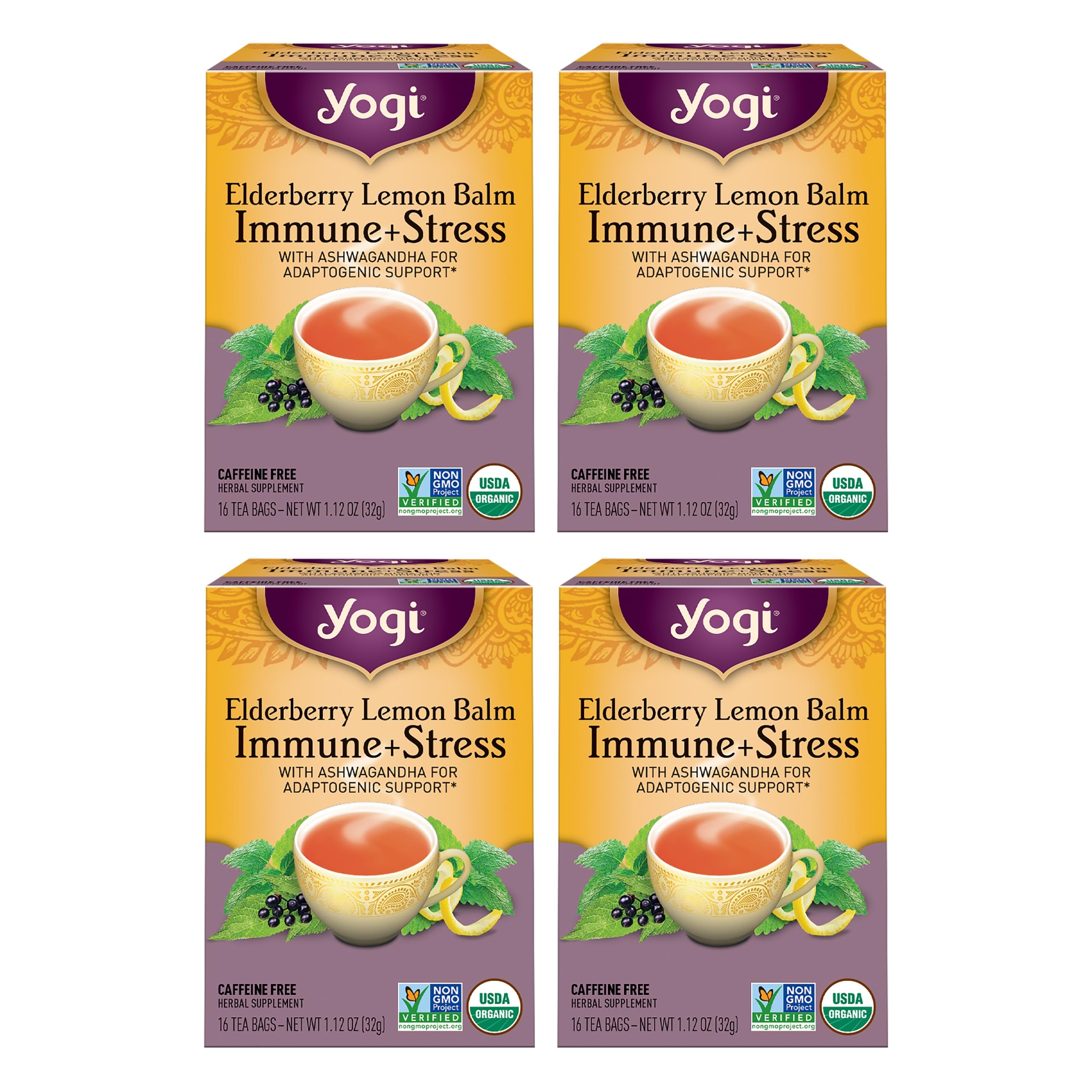 Yogi Tea Elderberry Lemon Stress & Immune Support Tea - 16 Tea Bags, 4 Packs - With Ashwagandha, Lemongrass, Licorice Root & More