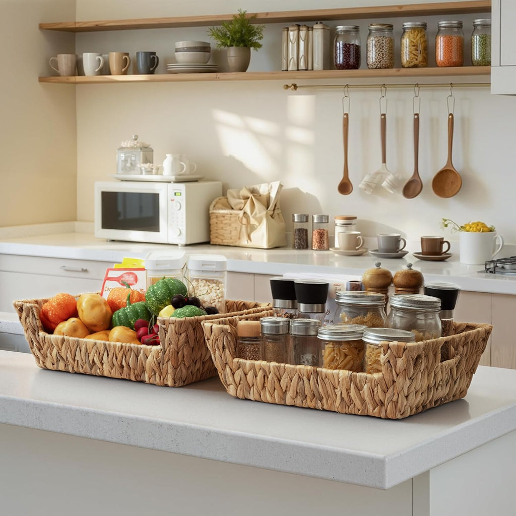 StorageWorks Water Hyacinth Baskets - Stackable Wicker Pantry Organizers with Built-in Handles | 2-Pack