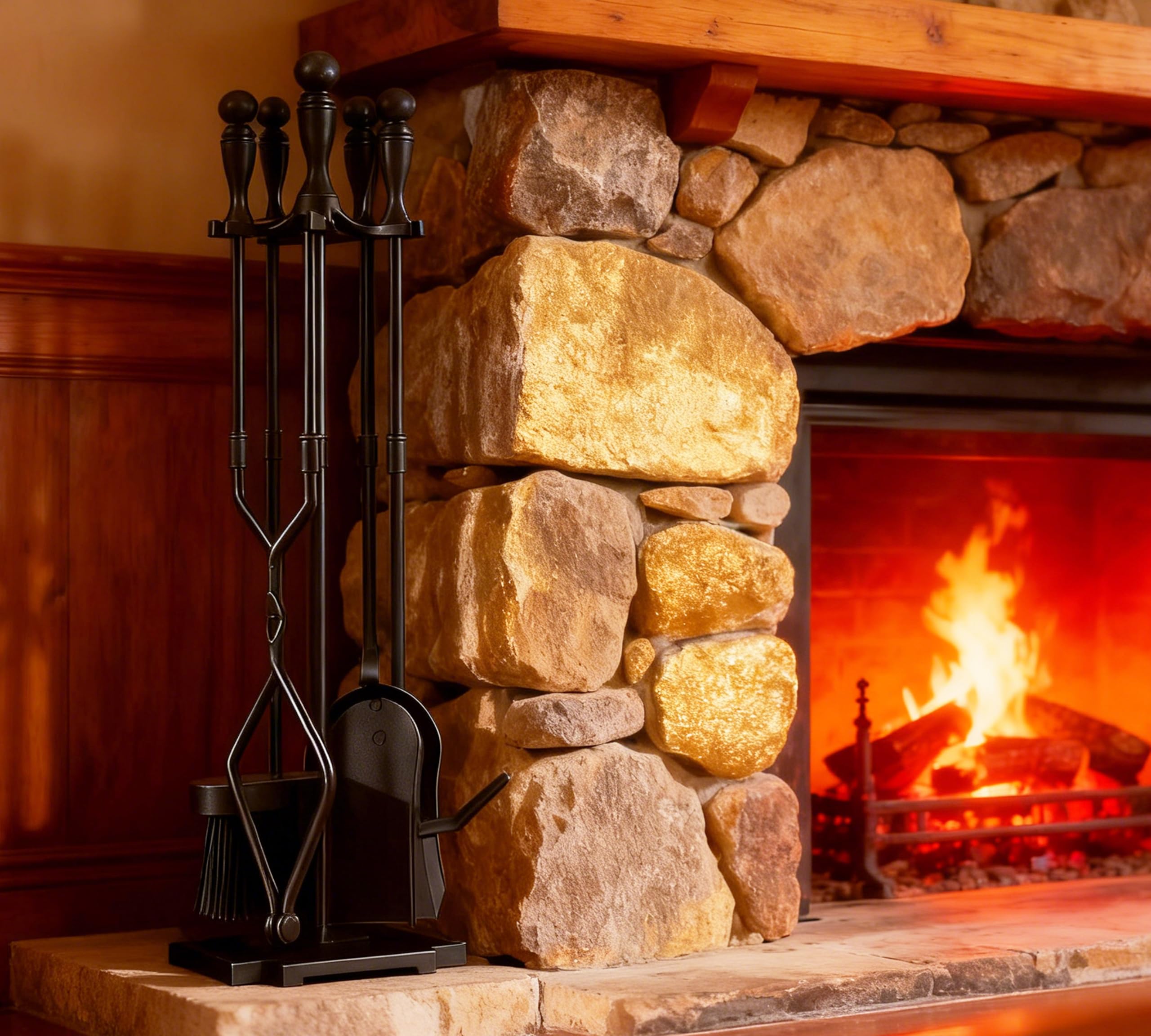 Kingson 5 Pcs Fireplace Tools Sets Heavy Duty Wrought Iron Large Fire Tool Set and Holder Outdoor Fireplace Tools Black