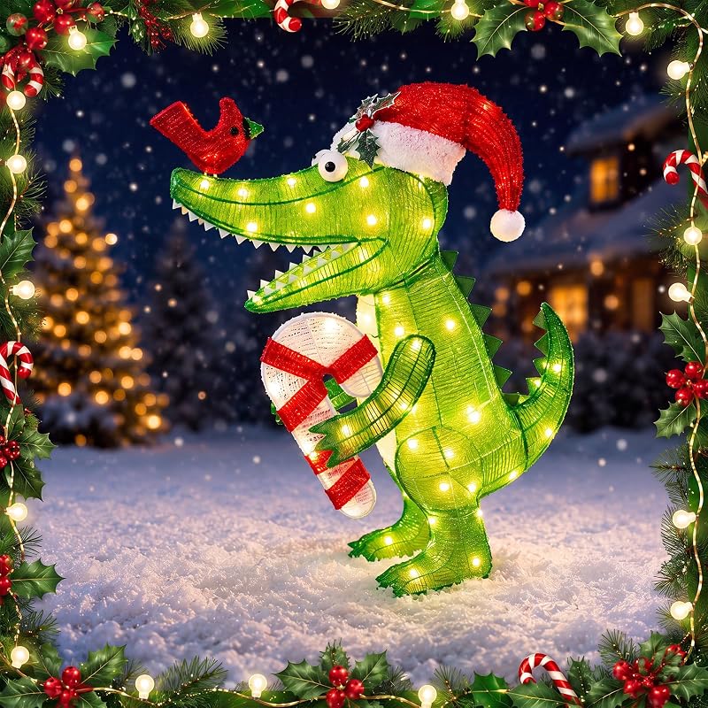 Christmas Lighted Alligator Yard Decoration with Santa Hat - 26.7in Outdoor Crocodile