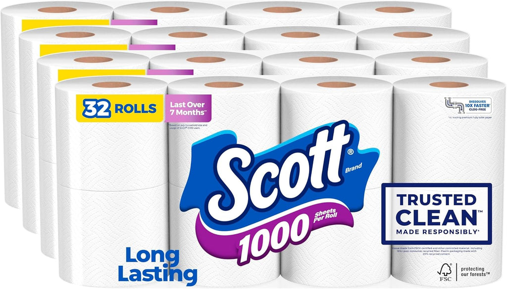 Scott 1000 Toilet Paper - Trusted Clean, Septic-Safe, 1-Ply, 32 Rolls for Ultimate Comfort