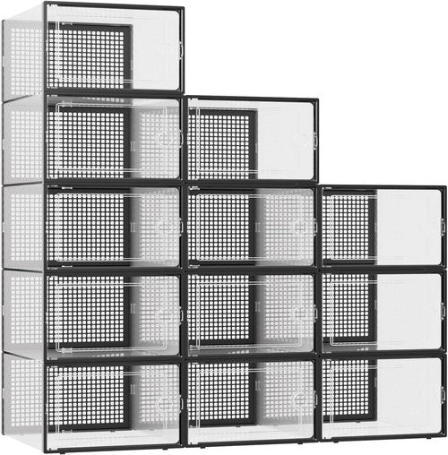 Kuject Shoe Storage Boxes - Clear Plastic Stackable Organizers | 12 Pack for Sneakers & Toys, Black