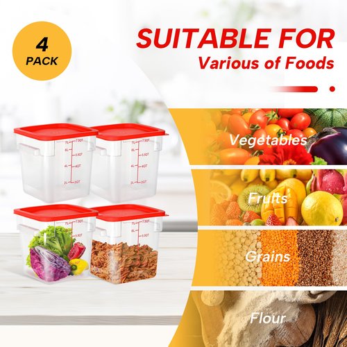 STEELUS 4 Pack Food Storage Containers, 8 Quart with Lids, Square Commercial Containers with Scale, Clear NSF Food Organizing, Polycarbonate