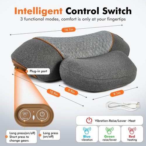KITCADA Neck Pillow - 3-in-1 Massage Neck Pillow with Battery for Shoulder Pain Relief, Deep Tissue Pain Relief with Heat and Stretching, Neck Hump Corrector for Women