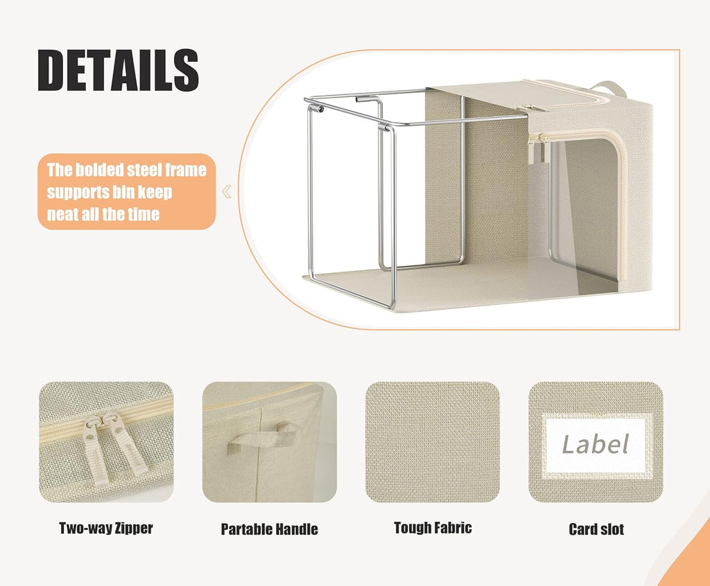 Skiennix Foldable Clothes Storage Bins - Durable 40L Linen Boxes with Clear Window & Zippers | 3-Pack Beige