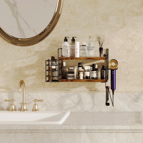 3-in-1 Wall Mounted Hair Dryer Holder with 2 Tier Shelves & Detachable Basket, Space Saving Organizer for Bathroom, Kitchen, Bedroom, Rust-Resistant, Easy Install (Rustic Brown)