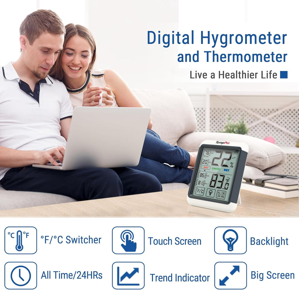 TempPro TP55 Digital Indoor Hygrometer - 4-Inch Touchscreen Temperature & Humidity Monitor for Home & Greenhouse