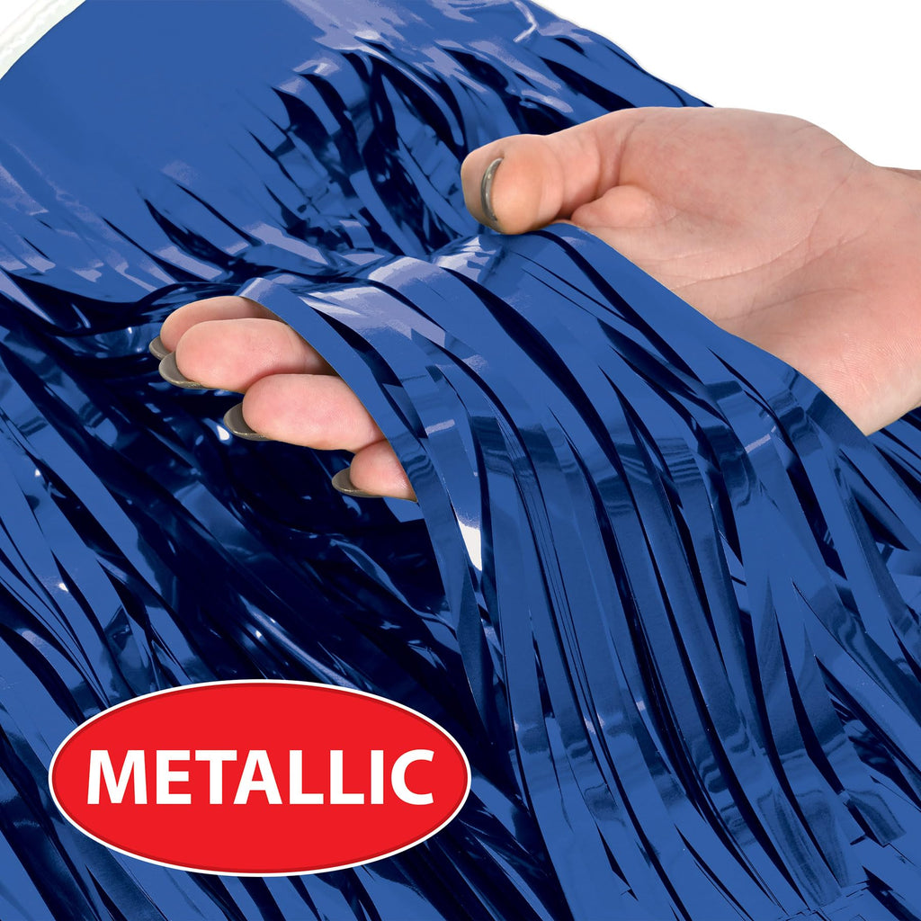 Beistle Metallic Fringe Drape Hanging Curtain, Party Supplies for Walls and Tables, Great for Baby Showers, Game Day, Graduation and Birthday Parties, 15" x 120", Blue