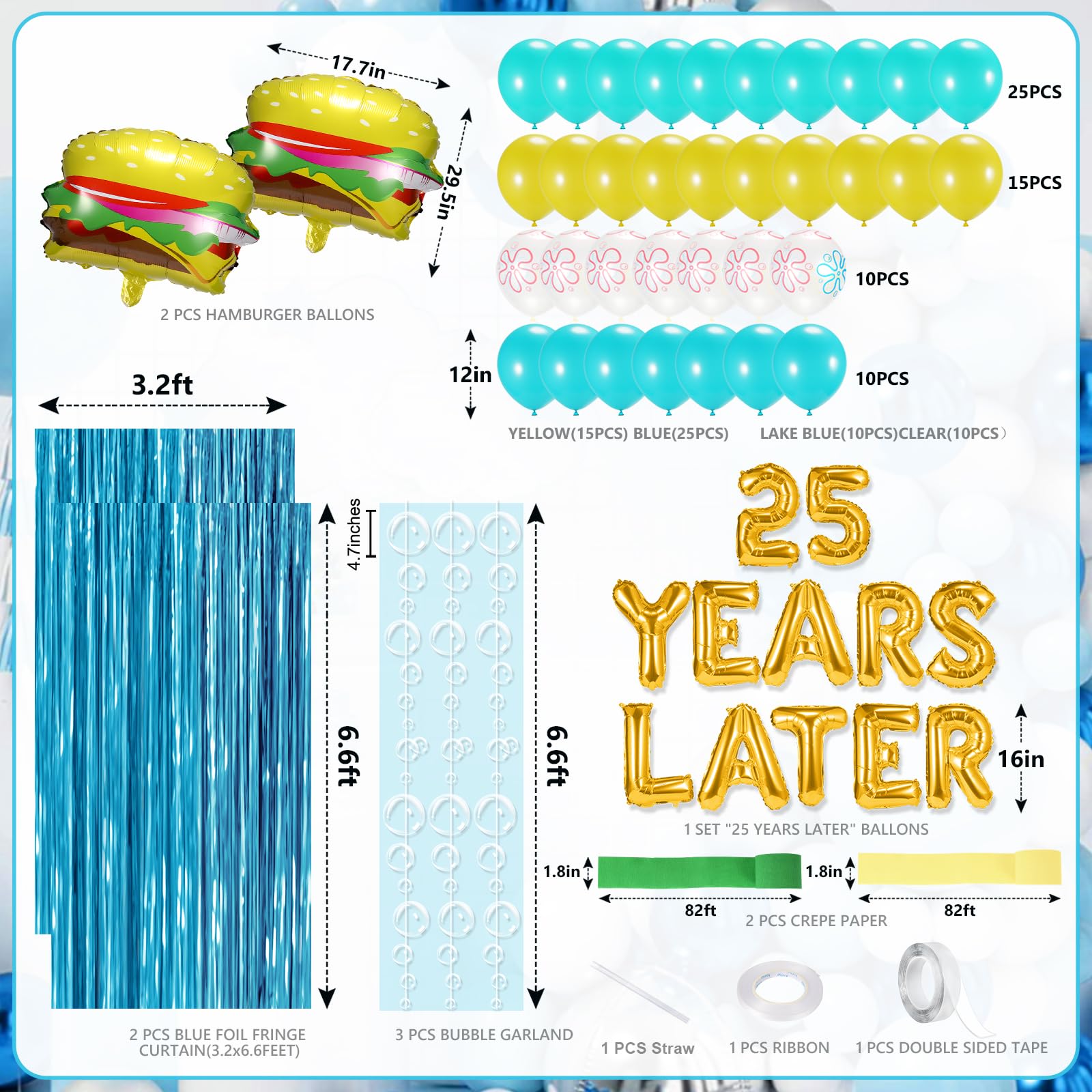 Sponge 25th Birthday Decorations, 25 Years Later letter Balloons Set for Ocean Theme Party,Birthday Decor,Mermaid,Baby Shark,with Hamburger Balloons,Blue Backdrop Bubble Garland and Crepe Paper