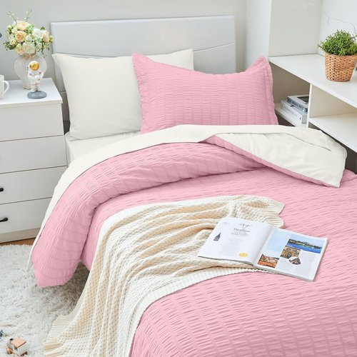 HYMOKEGE Twin XL Comforter Set - 5-Piece Seersucker Bedding in Pink/Ivory | All-Season Luxury Bed in a Bag