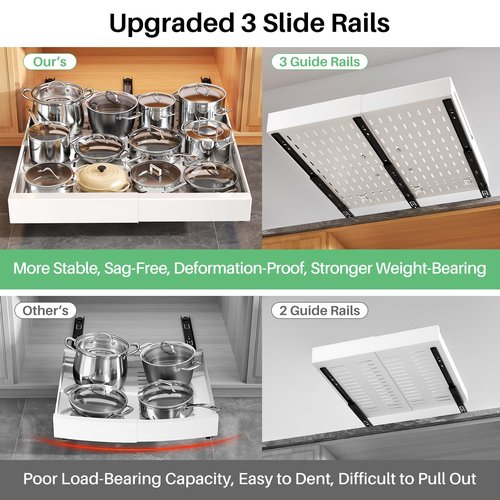2 Pack Pull out Cabinet Organizer, Expandable Width(14"-24"), Depth(13"-24") with 3 Rails, Slide Out Drawers With Raising Pad for Framed Cabinets, with Adhesive Film for Cabinets in Kitchen, White