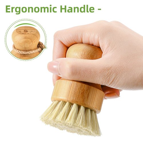 Bamboo Dish Scrub Brushes,Kitchen Wooden Cleaning Scrubbers Set for Washing Cast Iron Pan/Pot, Natural Sisal Bristles, Set of 3