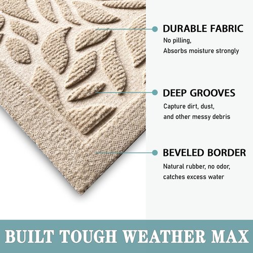 Bulijojo Front Door Mat Entrance,Durable Heavy Duty Welcome Mat,Thick Absorbent Natural Rubber Non Slip Mat,Sturdy Entryway Beige Leaves 17x30