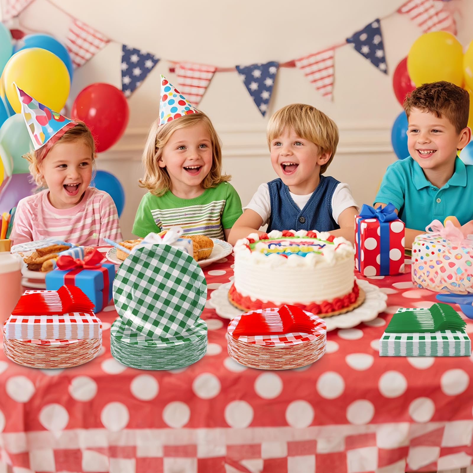 WYQJHKV 105 Pcs Dark Green Gingham Party Supplies Include 7 Inch Disposable Dark Green Dessert Paper Plates and Napkins for Wedding Baby Shower Birthday Party