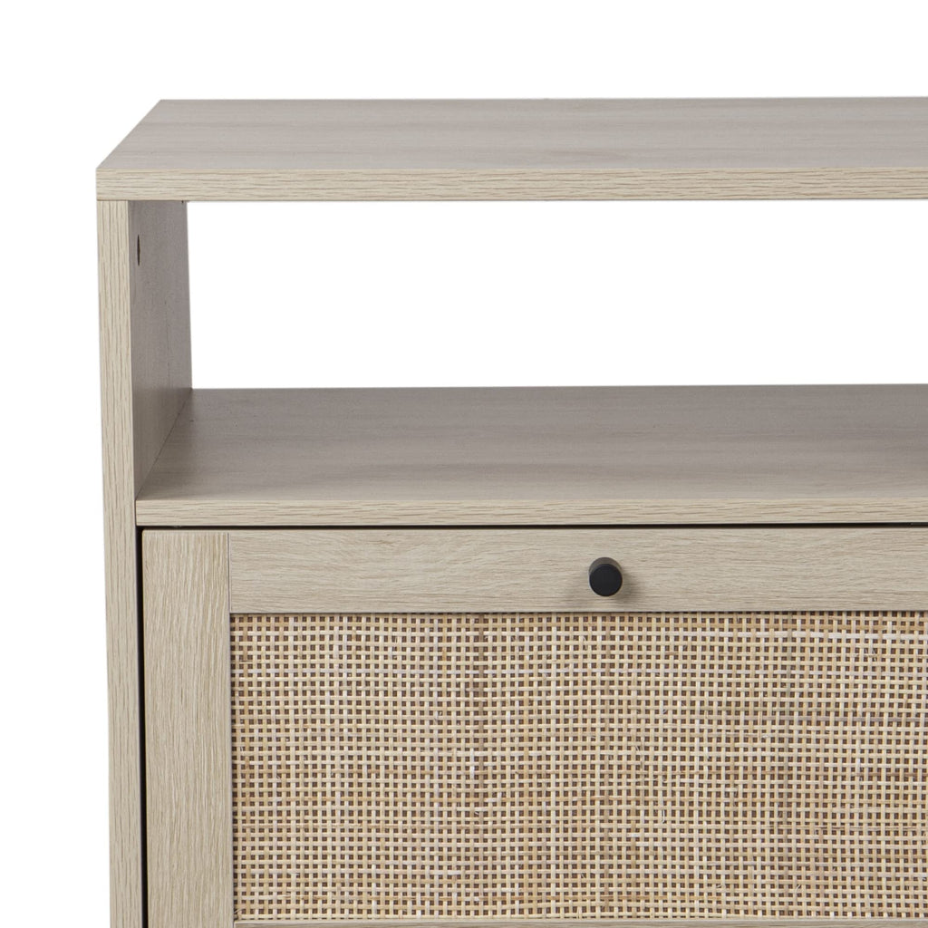 Nathan James Mina Rattan Wood End Side Accent Table Nightstand with Storage for Living Room or Bedroom, 1, Oak/Black